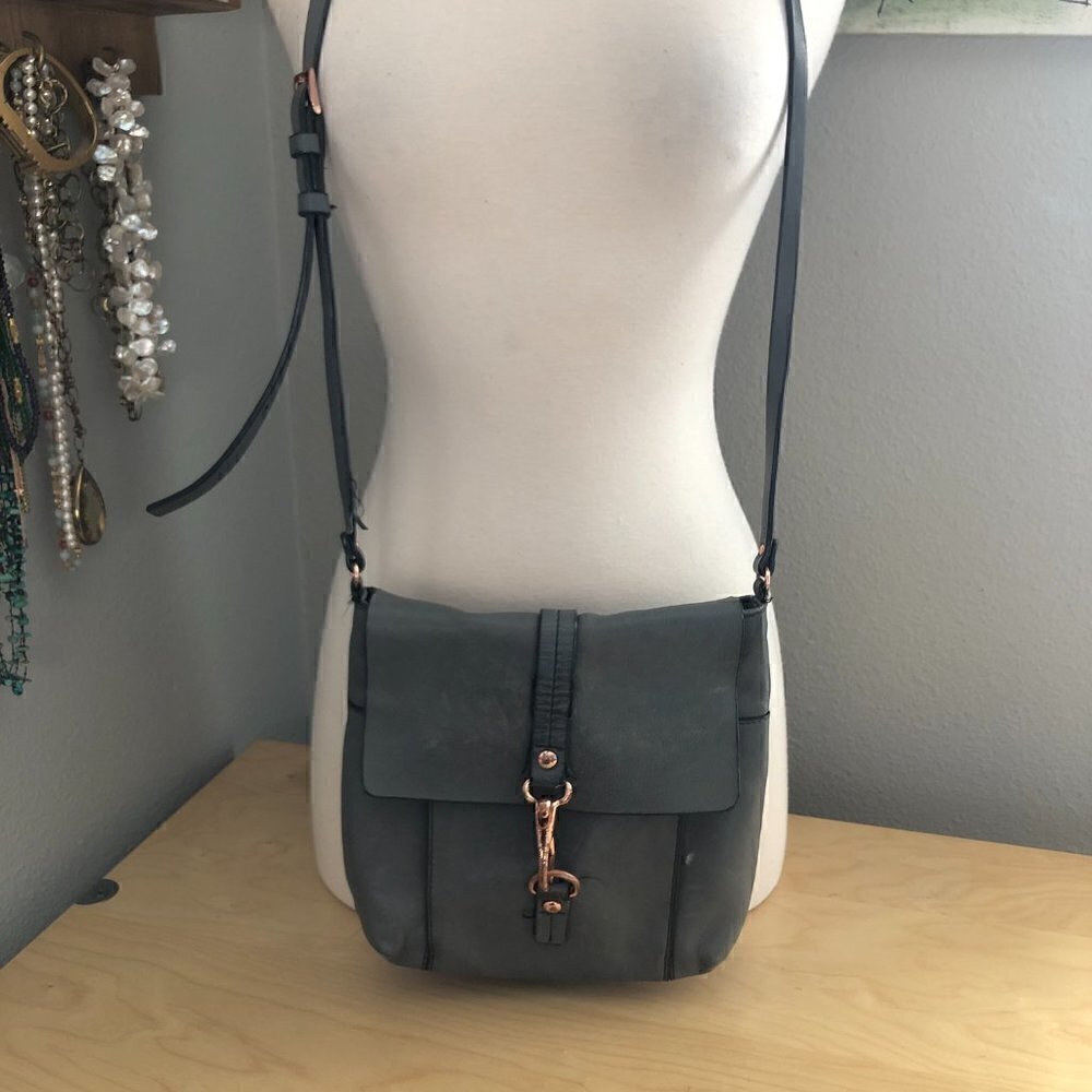 KOOBA Leather Crossbody Saddle Bag Distressed Gray & Rose Gold